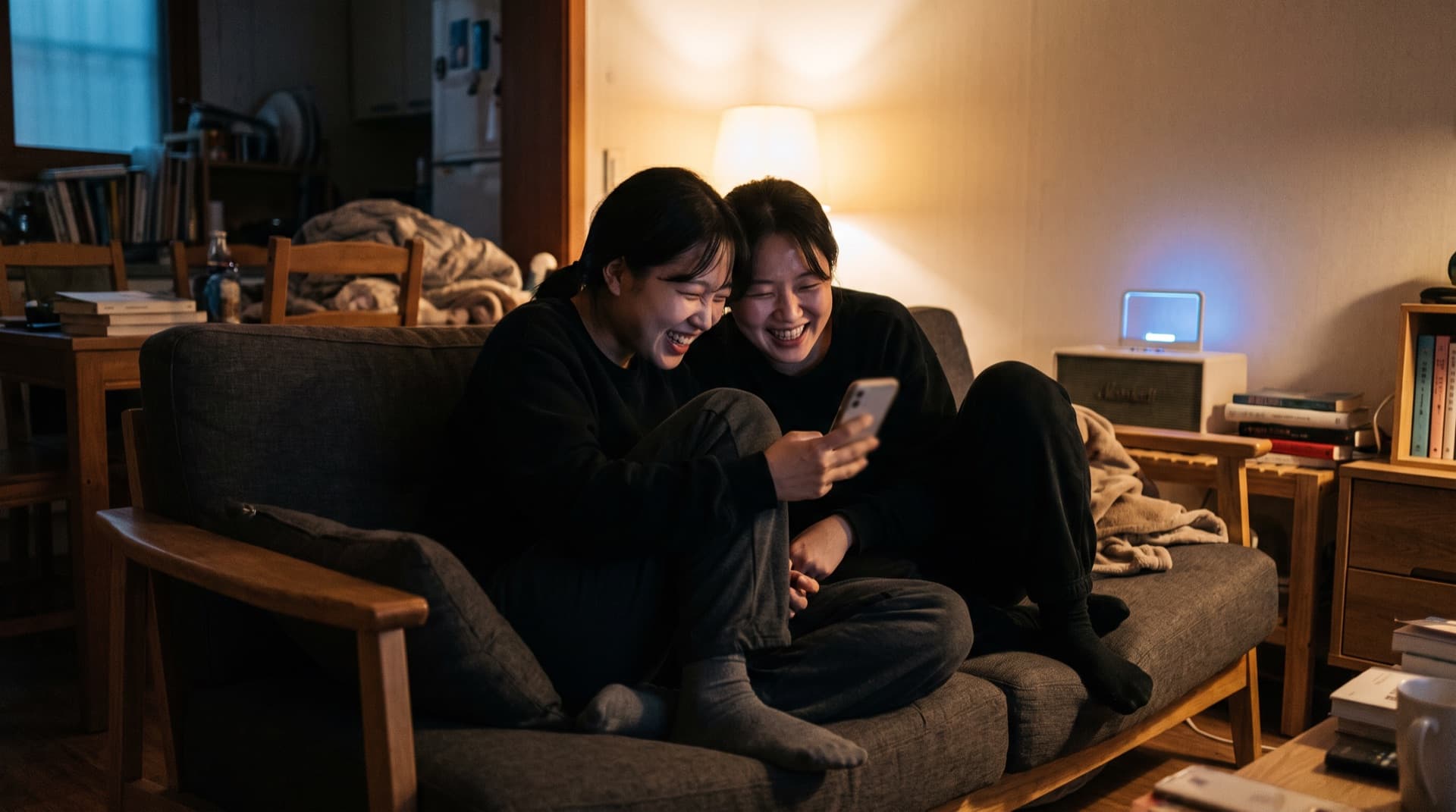 소파에서 함께 폰 화면을 보며 웃는 두 사람